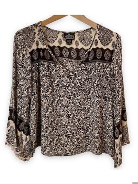 Angie top shirt long sleeve bell sleeve flowy black cream boho hippie S